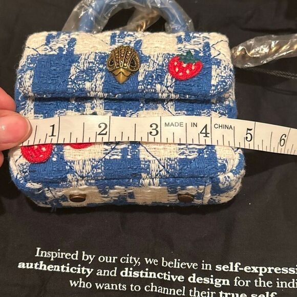Kurt Geiger Mini Handle Kensington Bag Blue Tweed Plaid Strawberry Print Kawaii - Picture 14 of 14